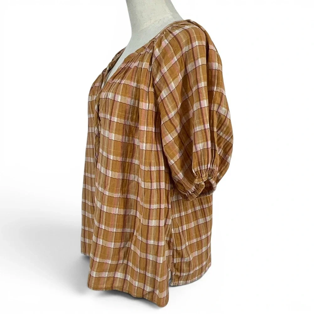LOFT‎ Mustard Yellow Plaid Puff Sleeve Tie Neck Blouse Top Large Boho Cotton